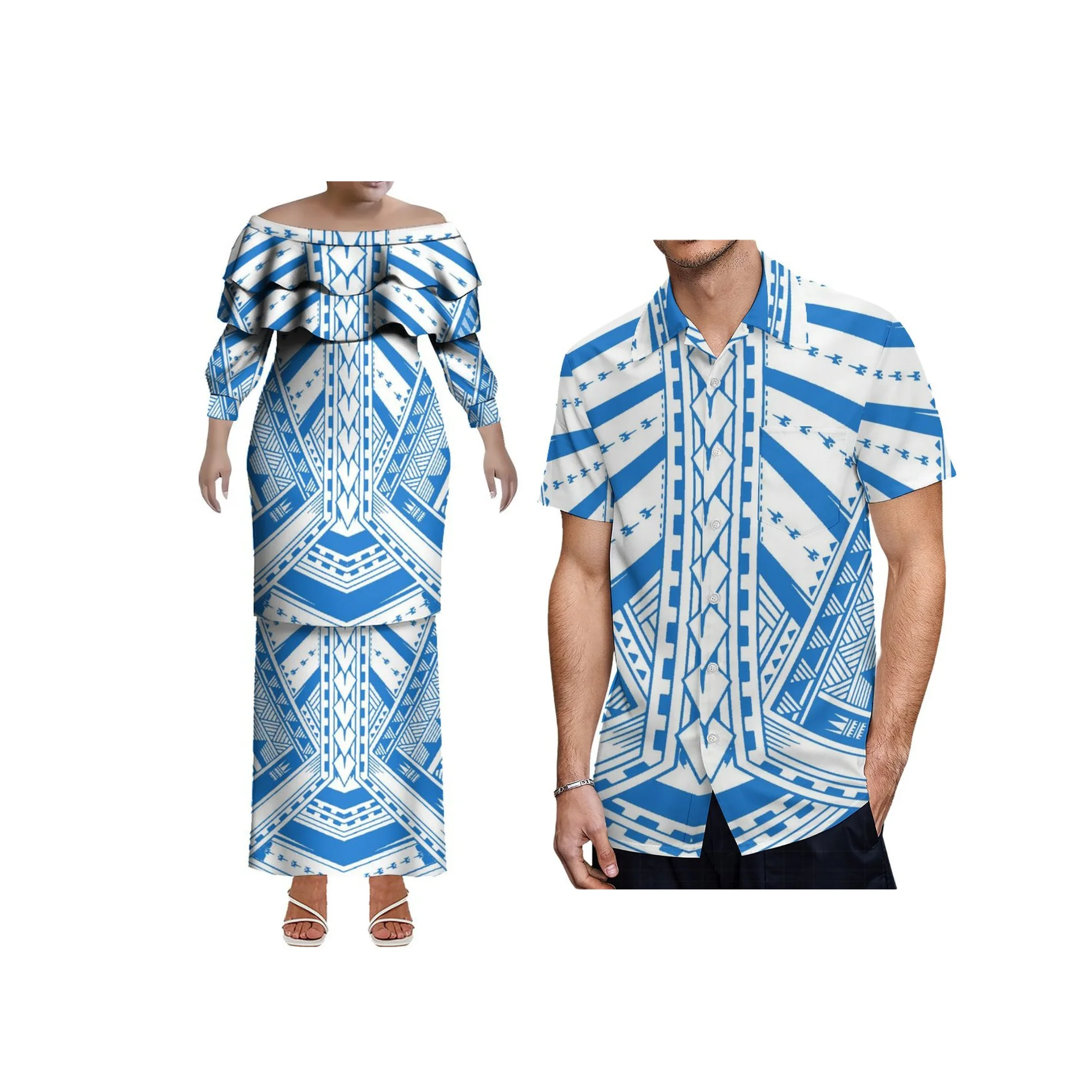 2025 novo estilo design personalizado fora do ombro xale vestido samoa puletasi vestido plus size feminino dupla camada babado vestido 2 peças