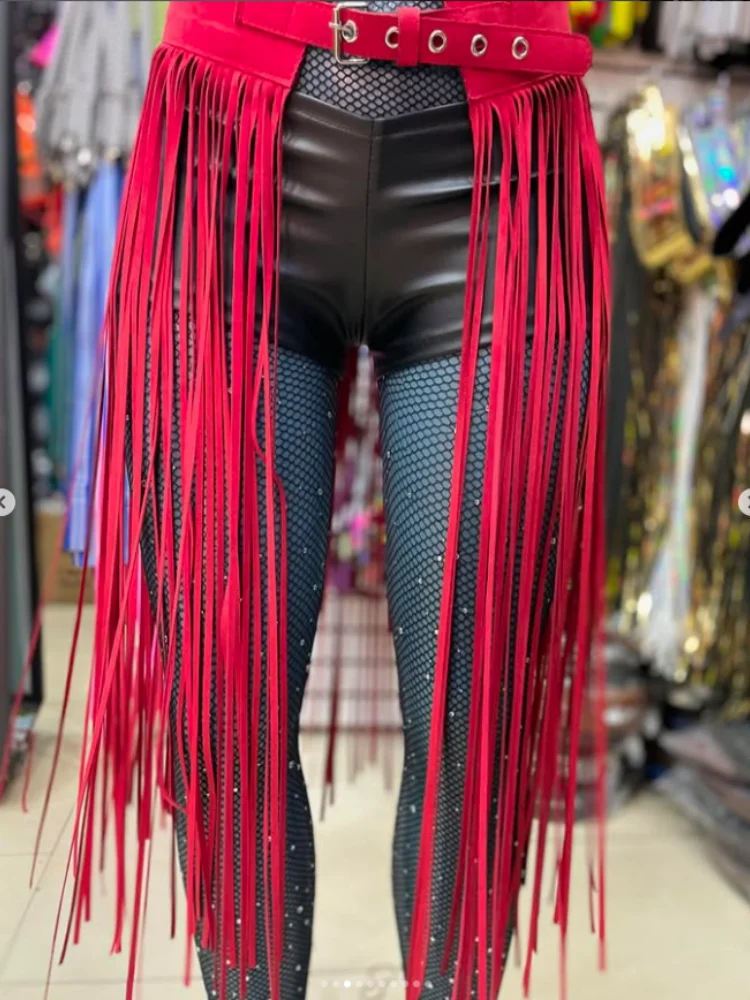 音楽祭女性ファッションセクシーな黒 PU レザーベルトタッセル装飾ショートスカートハロウィンパーティーステージパフォーマンス衣装