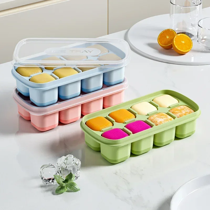 8 Grids Ice Cube Trays Silicone Ice Cube Mold with Removable Lid DIY Homemade Popsicle Mold for Cocktail Freezer Kitchen Gadget