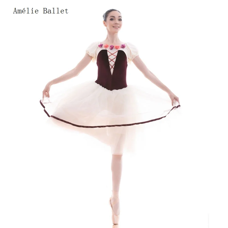 18442 Burgundowy Aksamitny Gorset Baletowy Tutu Romantyczna Długość Kostiumy Taneczne Baletowe Tutu Dziewczęce i Damskie Kostiumy Taneczne na Występy