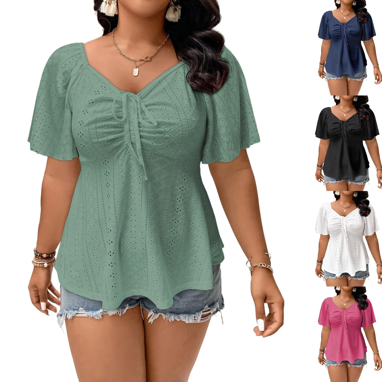 

Y2K summer elegant T-shirt women's casual office solid curve crumpled lace-up top short-sleeved loose V-neck top