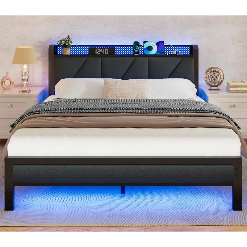 Queen Size Bed Frame with Headboard and LED Lights,Upholstered Bedframe with Charging Station and USB Port