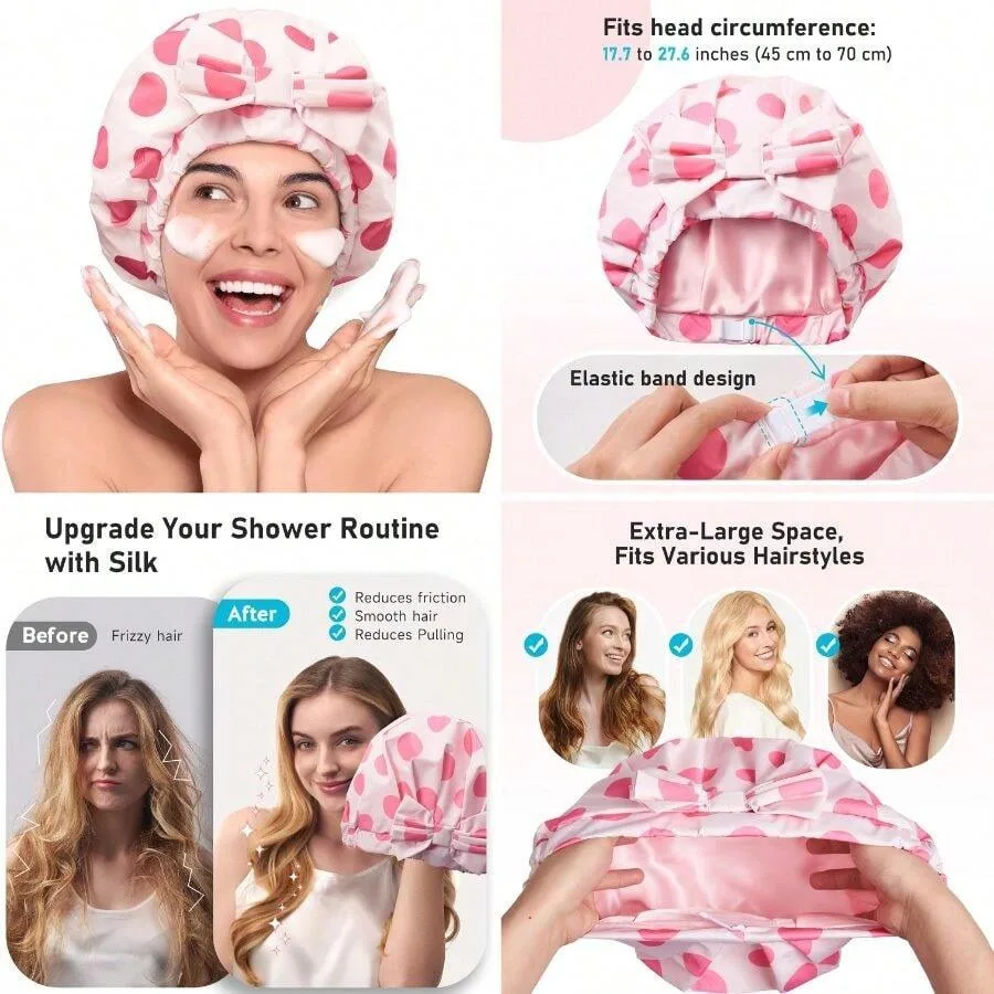 

Luxury Silk Lined Shower Caps Women Reusable Waterproof, Double Layered Large Bathing Hair Cap With Adjustable Elastic Strap, N