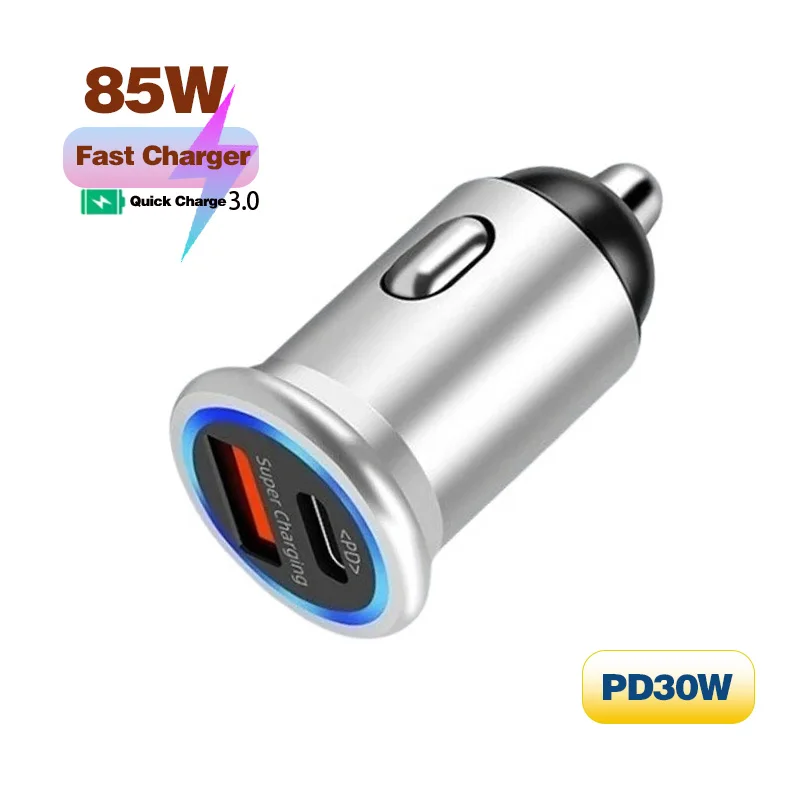 85W PD30W/QC3.0 Super Fast Charge Dual Ports Super Fast Charging Car Cigarette Lighter Charger Metal Body with Ambient Light