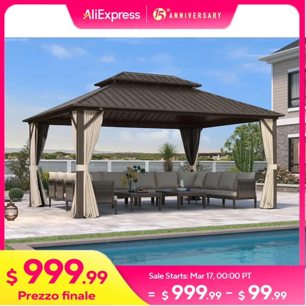 12’ X 16’ Outdoor Hardtop Gazebo Metal Frame Galvanized Steel Double Roof with Curtains and Nettings