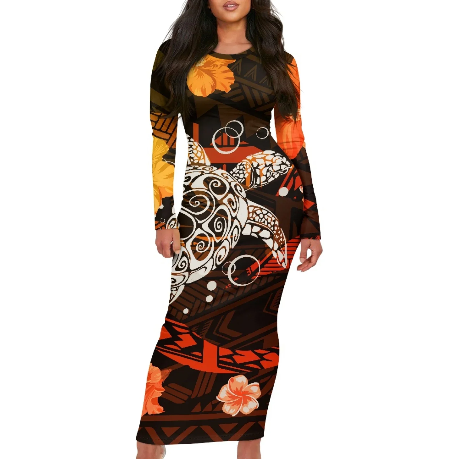 Polynesian Tribal Samoan Totem Tattoo Samoa Prints Lady Casual Party Dresses Sexy Hibiscus Long Sleeve Tight Knitted Maxi Dress