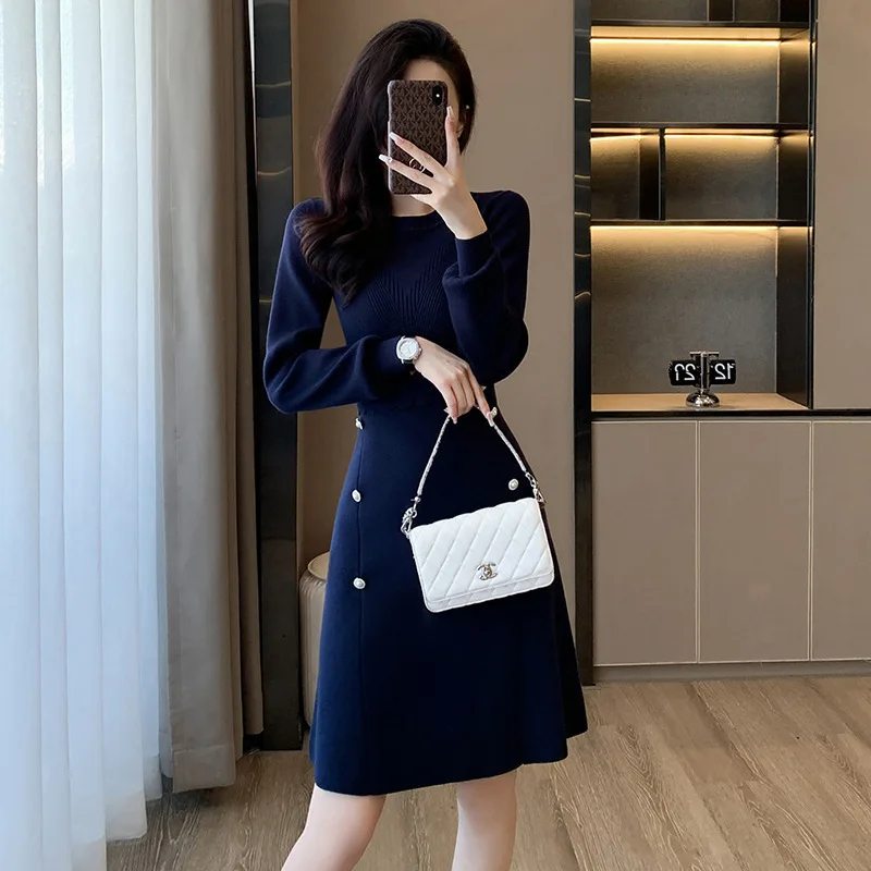 #0961 Blue A-line Sweater Dress Women False Two Piece A-line High Waisted Knitted Dress Female Slim Stretch Short Dress Ladies