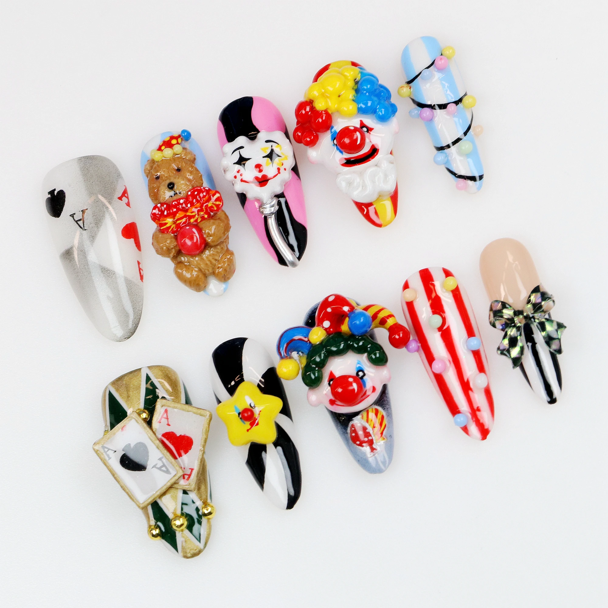 10Pcs 3Dl handmade Manicure Press On Nails, Clown Acrylic Fake Handpainted Custom Design All Saints' Day Adhesive Nail File Set