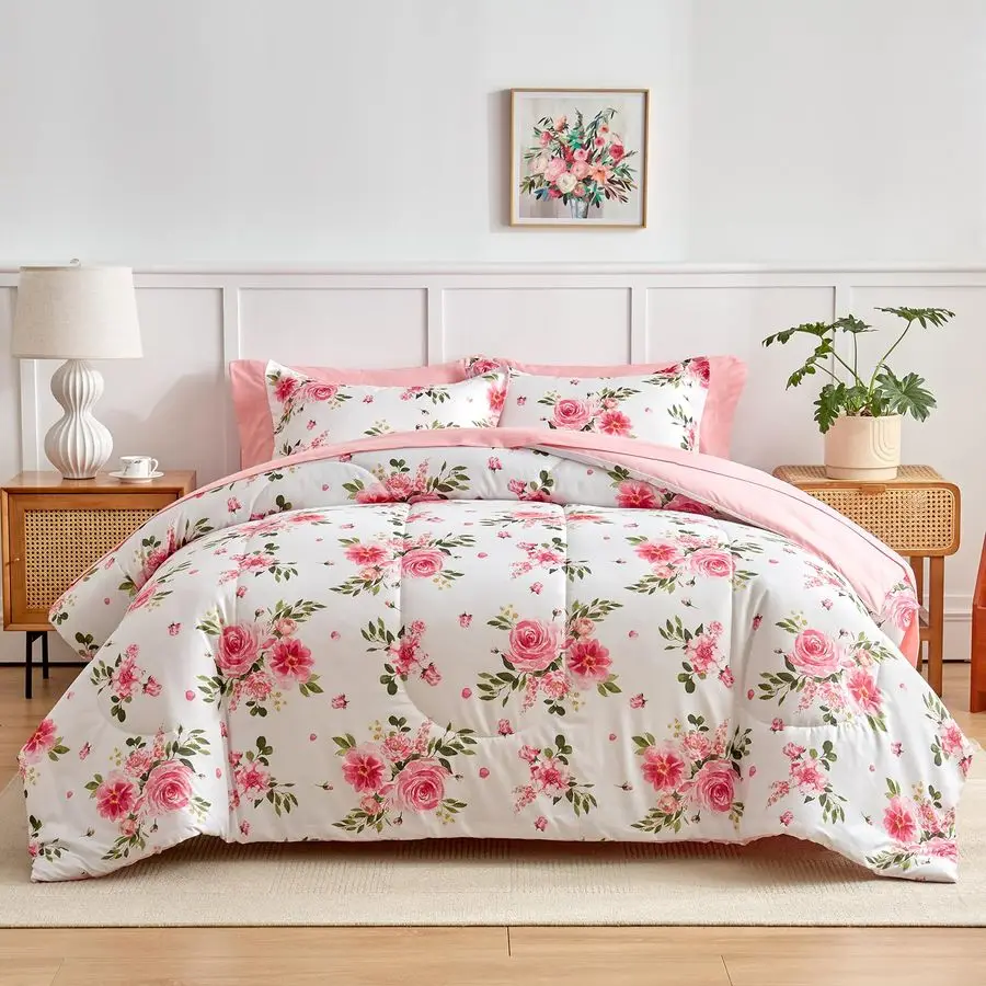 

Comforter Sheet Set White Bed in a Bag 7 Pieces Queen Size Dark Pink Floral Microfiber Bedding Set 1 Comforter 2 Pillow Shams 1