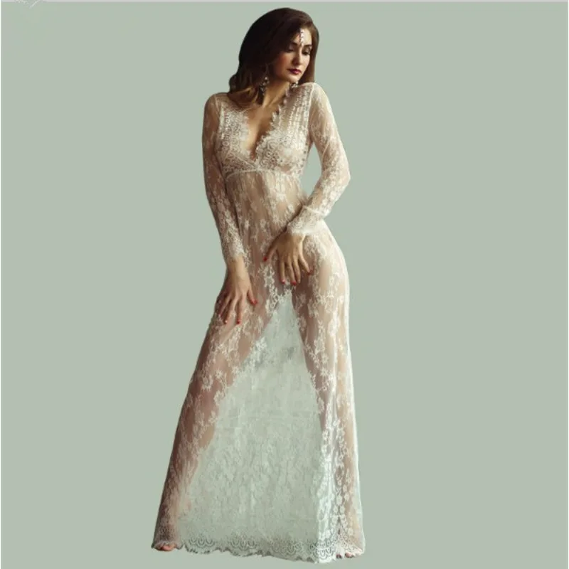 

2024 New Sexy V-neck Pajama Long Dress Renda Full Sleeve Casual Pajama See-through Underwear Pajama Family Clothing