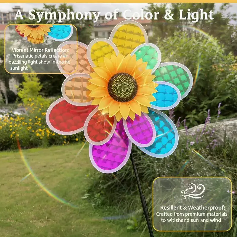 1Pcs Sunflower Rainbow Wind Spinner, Colorful Petal Windmill Decorative Stake for Yard Garden