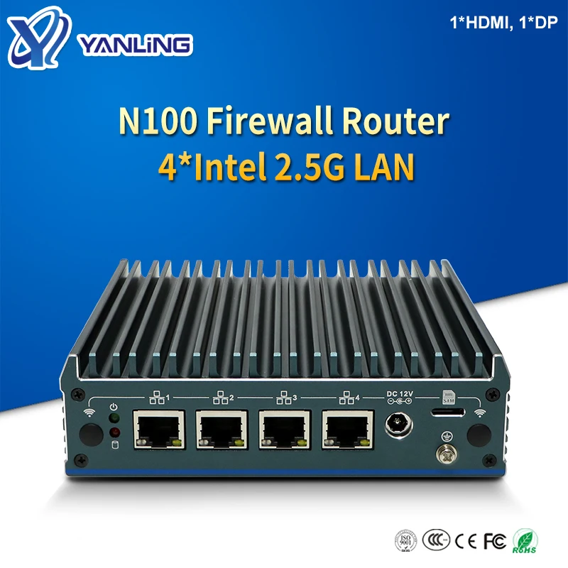 Yanling 12th Gen alder lake N100 micro router firewall appliance device 4 Intel 2.5G LAN Fanless Pfsense Mini PC