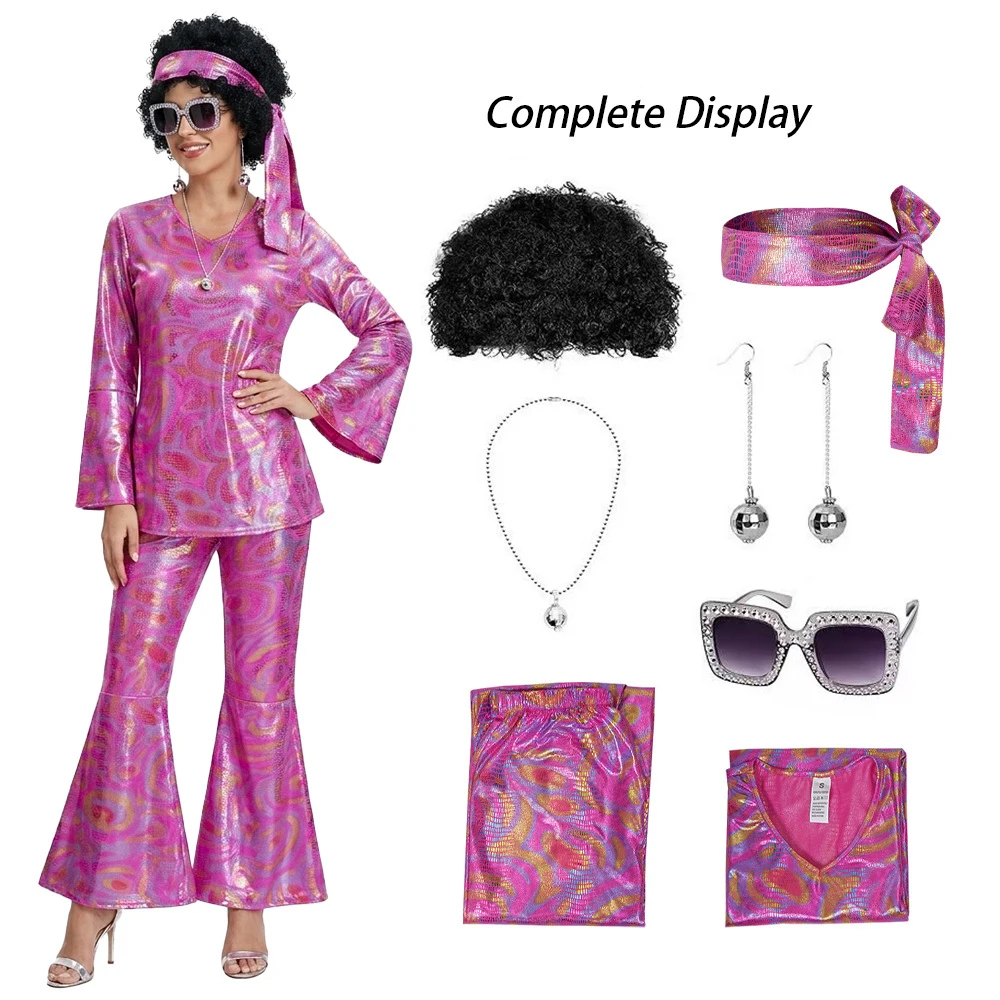 Ladies' Halloween disco party 70s disco costume set including top pants sunglasses necklace earrings and wig role-playing view 2