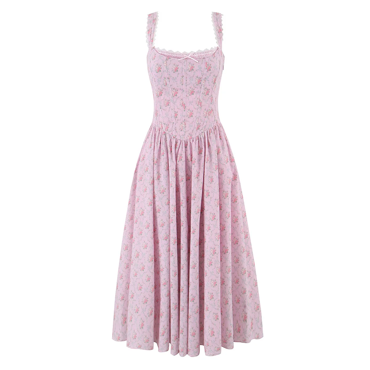 2025 sexy rosa floral impressão emendado gola de renda espartilho sling midi vestido feminino cruz laço até volta cintura baixa balanço vestidos tanque