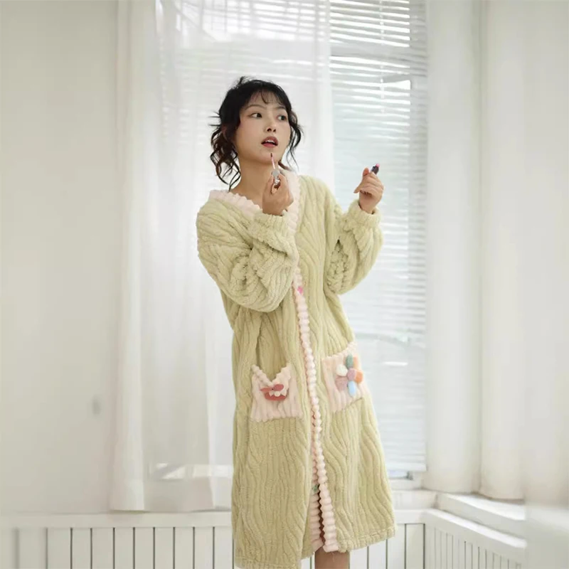 Autumn And Winter Rainbow Cardigan Nightgown Plus Velvet Thick Coral Fleece Long Loose Home Clothes