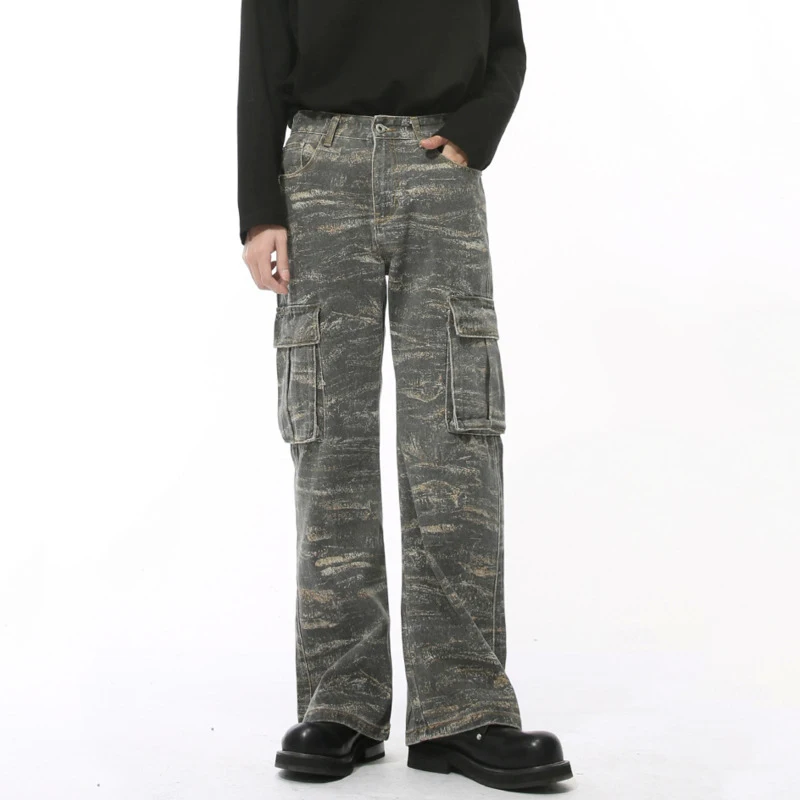 IEFB High Street Men's Denim Pants Camouflage Worn-out Big Pockets Straight Leg Bottom Solid Color Slim Casual Male Jeans 9C8662