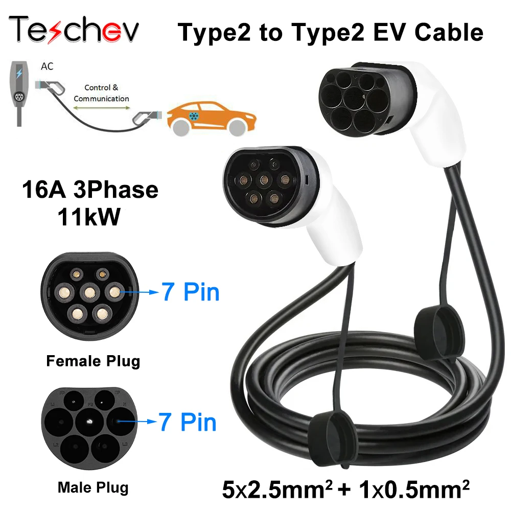 16A/32A 11kW Type naar Type2 EV Oplaadkabel IEC 62196-2 Oplader voor elektrische voertuigen PHEV Auto in openbaar station