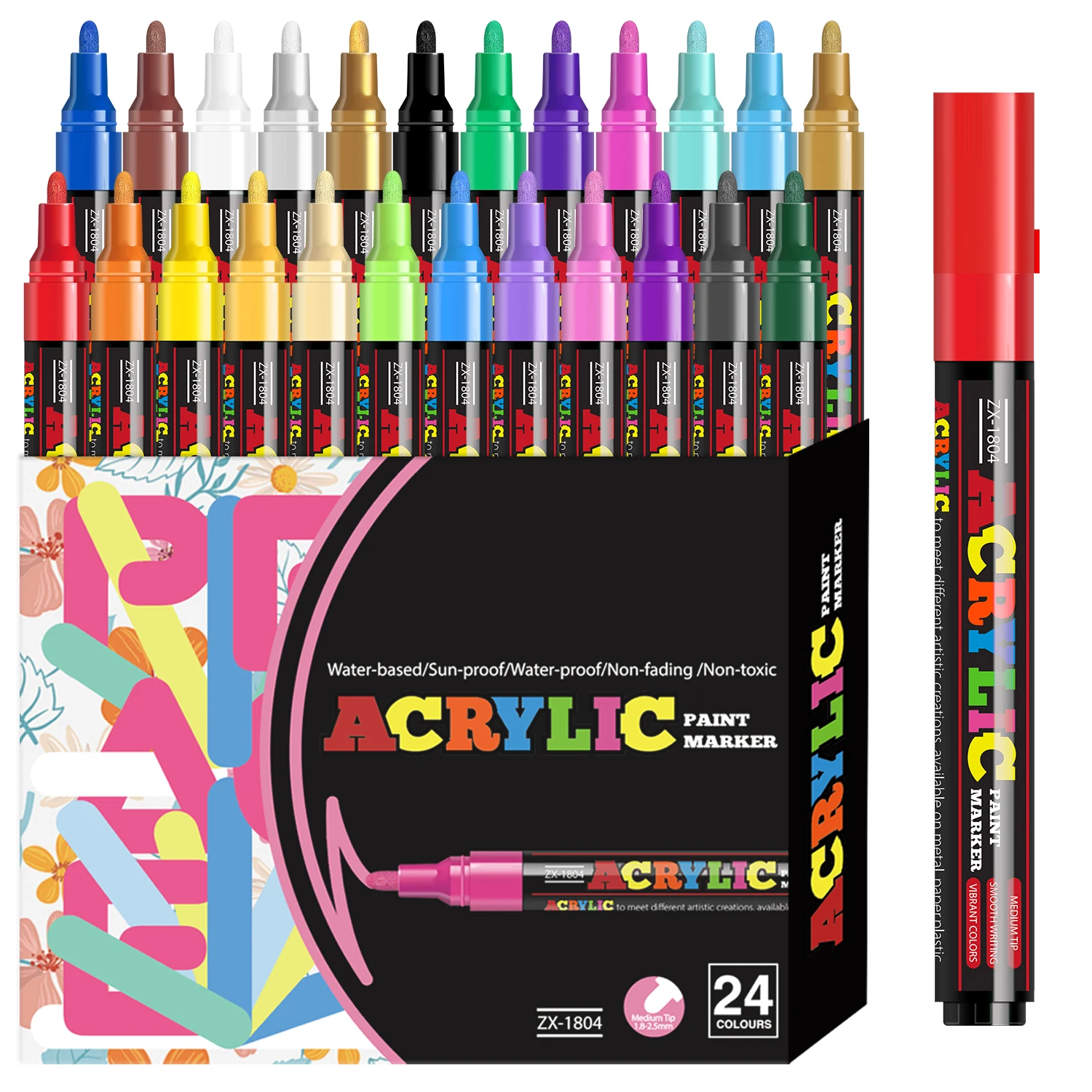 

12/18/24pcs Vibrant Acrylic Markers Set, Medium Point (2-3mm) Marker Pens for Rock Painting, Black Paper, Skateboard Decoration