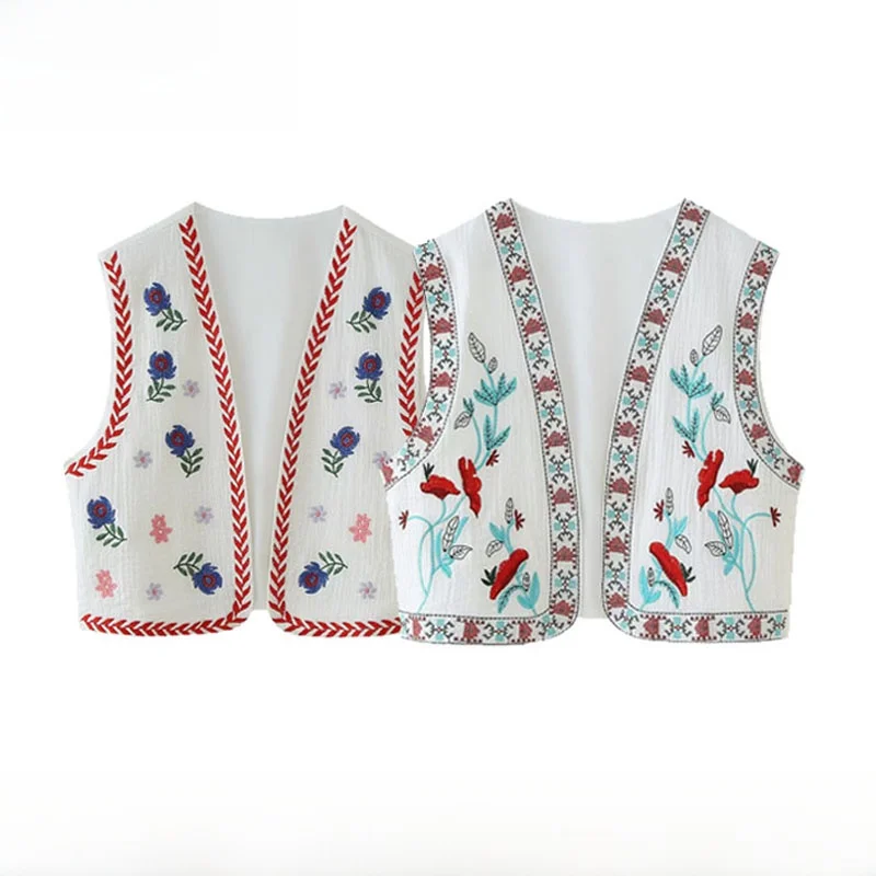 Early Autumn New Arrival Women's Fashion Simple Casual Embroidered Vest Top Quality Polyester Fiber Short Length Plant Floral...