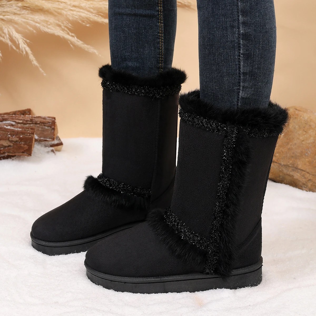 Elegante Winterstiefel mit Rundem Zeh, Sexy, Rutschfest, Lässig, Mittellang, Modisch, Neu, Bequem, Große Größen, Damenstiefel – Detail 6