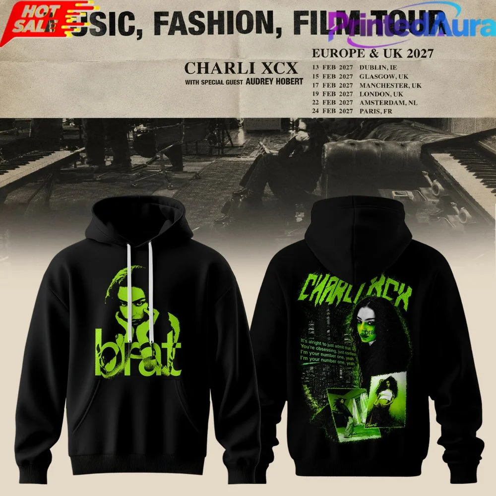 2026 Charli XCX Brat Music Fashion Film Tour 2027 Europe UK Hoodie Double Sided Print Unisex Fan Merch Hooded Sweatshirt