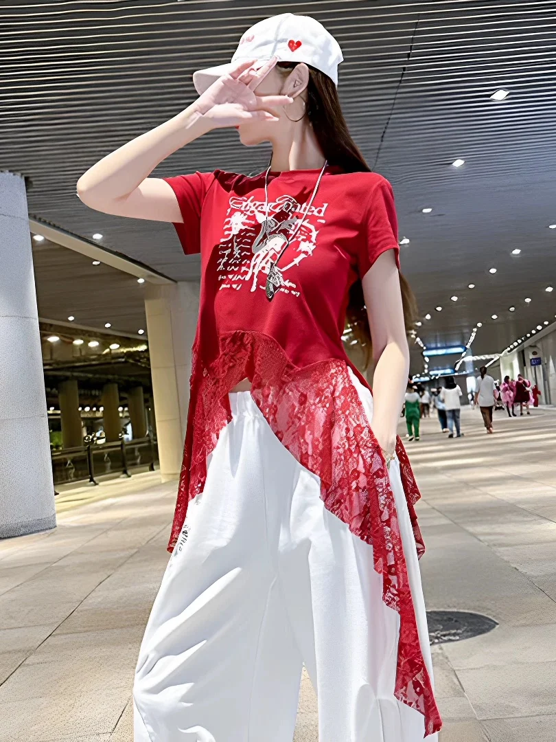 summer-2026-women's-versatile-lace-splice-letter-print-asymmetrical-t-shirt-dance-clothing-short-sleeve-modal-fabric-square-d