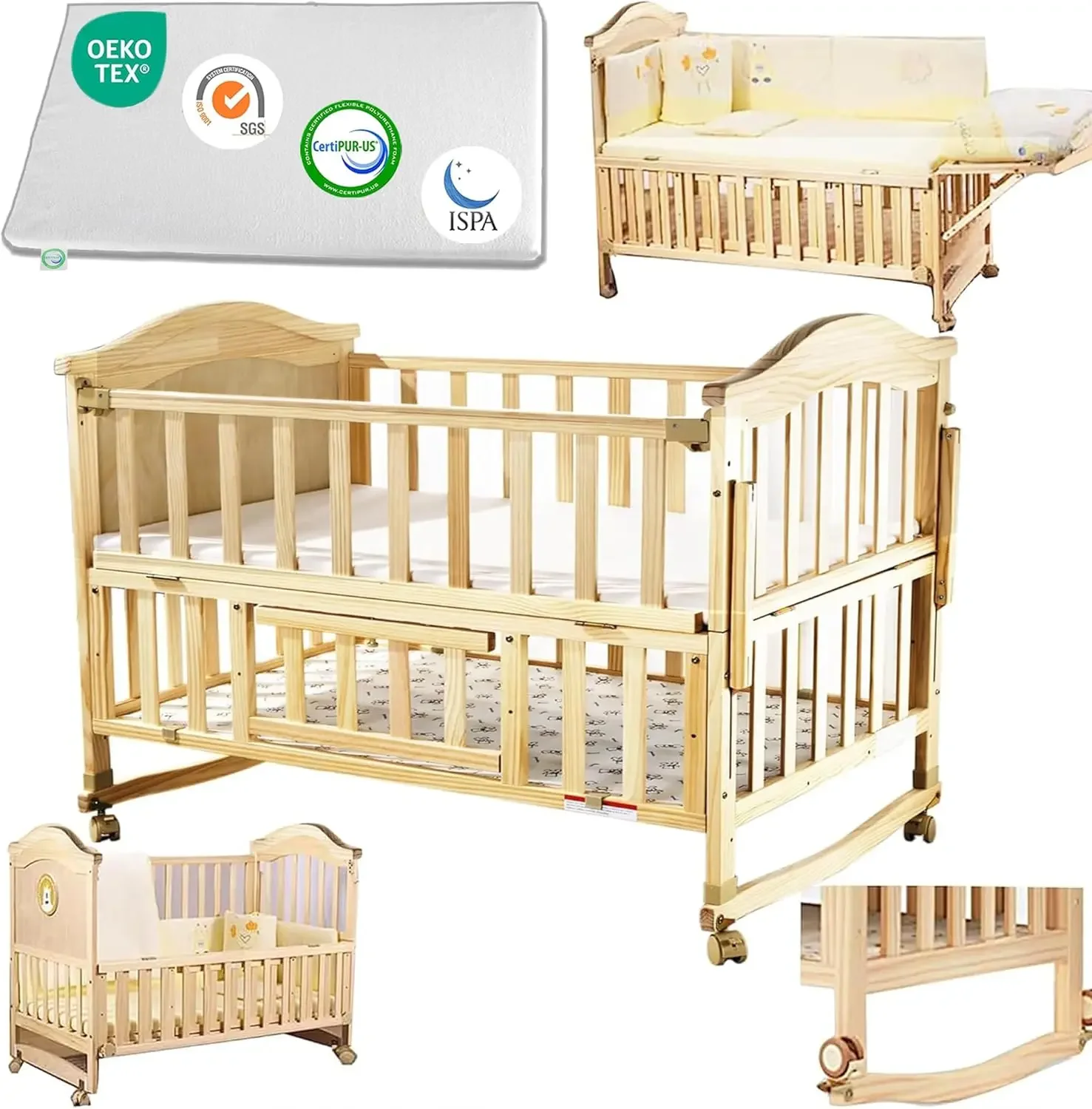 

Portable Mini Baby Crib 4 in 1 Convertible with Memory Foam Mattress(38" by24) Included,cunas para Bebes 2024 Natural Wood Small