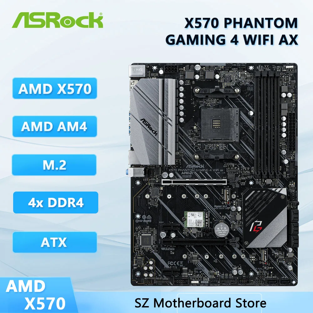 Placa base ASRock X570 Phantom Gaming 4 WiFi ax AM4 AMD X570 DDR4 128GB Hyper M.2 ATX compatible con procesadores Ryzen 5 5600X 4100 1600 3600
