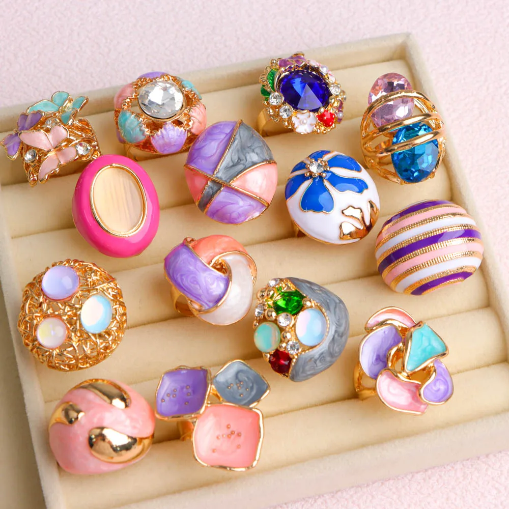 10 قطعة/الوحدة موضة ريترو أنيقة رائعة غير النظامية الحلو متعدد الألوان المينا خواتم للنساء مزيج نمط مجوهرات اكسسوارات هدايا #3