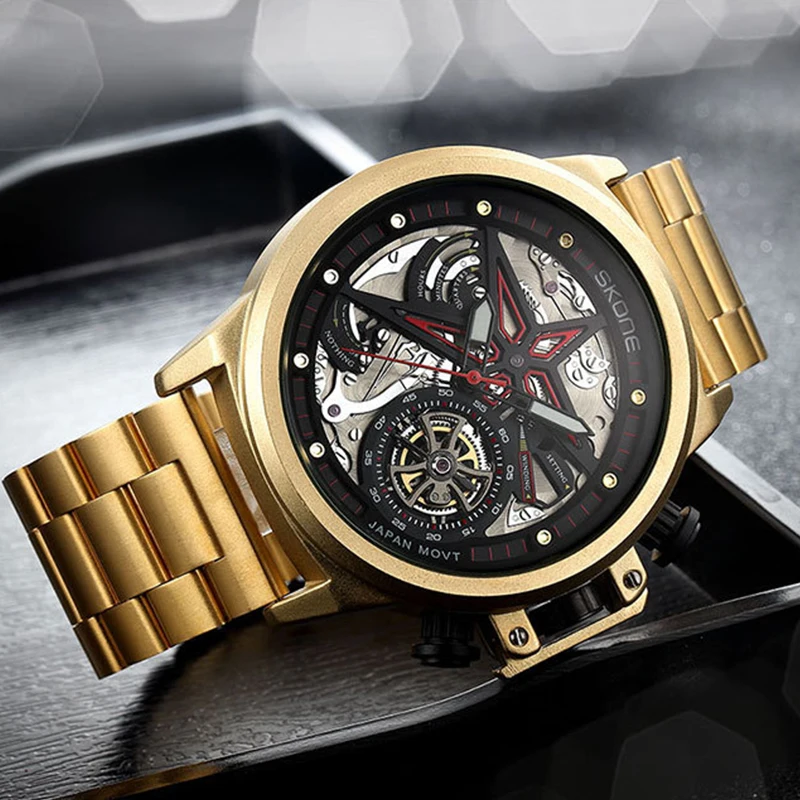 SKONE 기계식 윈드 라이트 럭셔리 대형 다이얼 키네틱 플라이휠 하이 베어링 쿼츠 펜타그램 모양의 다이얼 손목시계