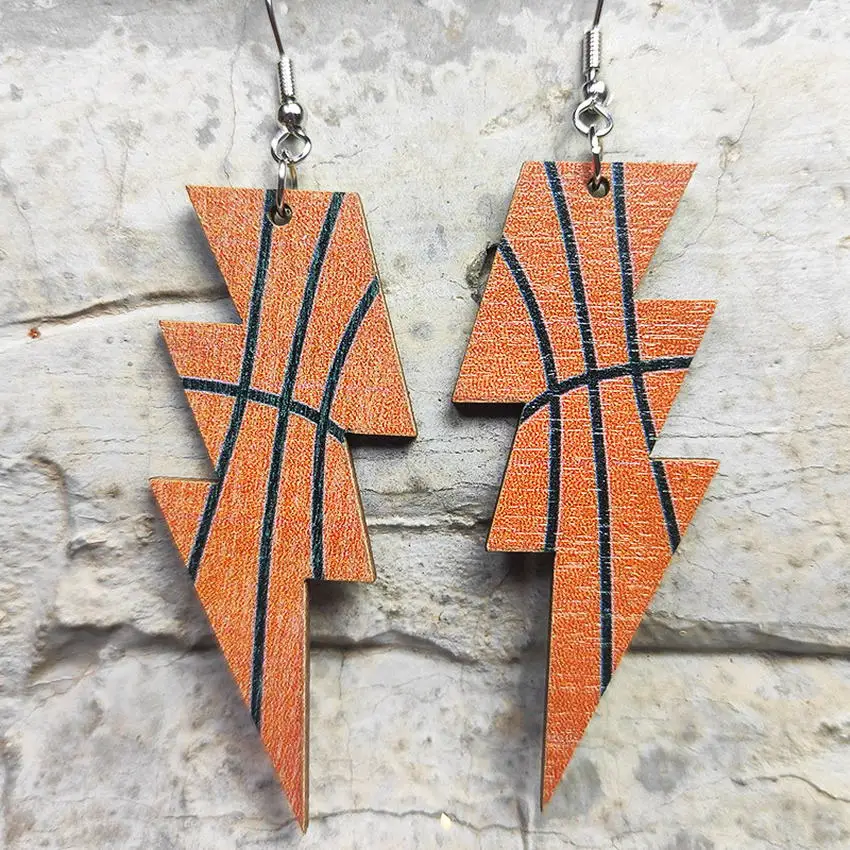 Volleyball Baseball Softball Print Wood Sports Lightning Bolt Drop Earrings for Women 2023 New Football Earrings Wholesale