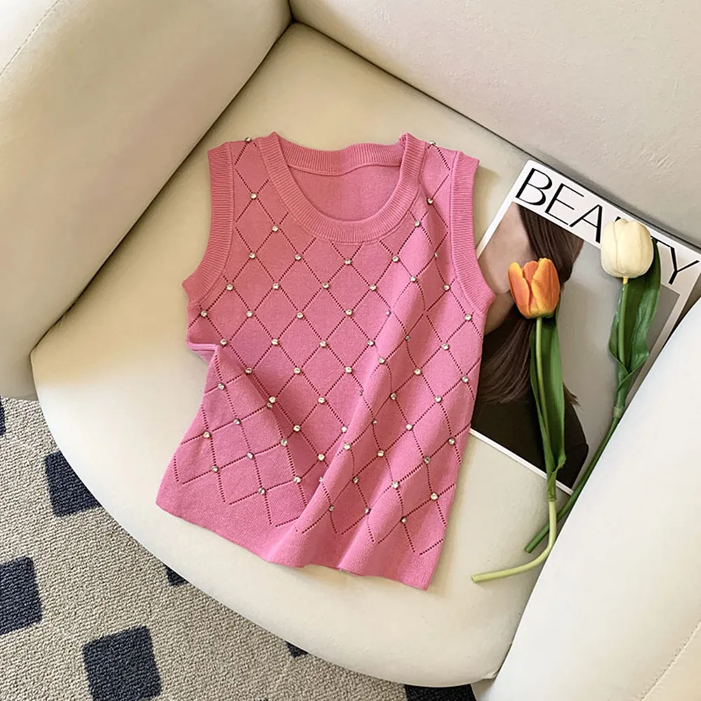 

Тонкий вязаный свитер Sweet Diamonds, жилет, женские укороченные топы y2k, лето 2024, трикотаж без рукавов с круглым вырезом, повседневный пуловер, одежда ﻿