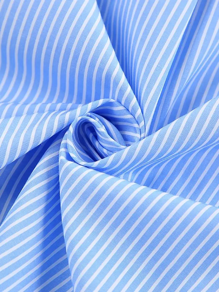 French Style Blue Strips Shirt Women's Single Breasted Half Collar Puff Long Ruffles Design Sleeve Shirt Office Lady Fashion Top