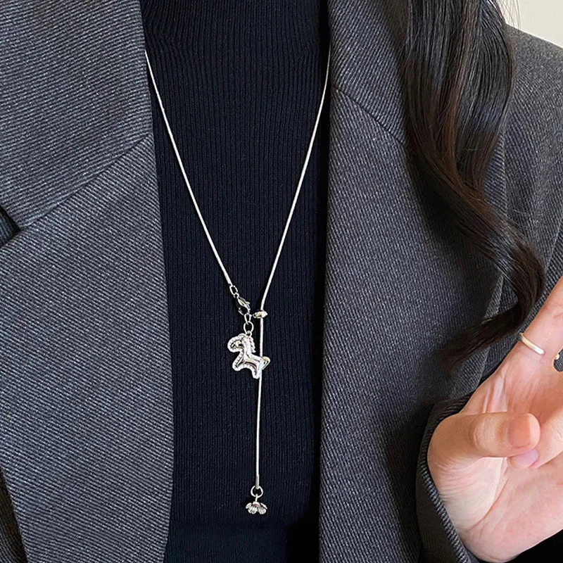 Silver Star Necklace Sliding Pull Cord Design Long Chain Tarnish Resistant Lightweight Premium Sweater Jewelry for Women