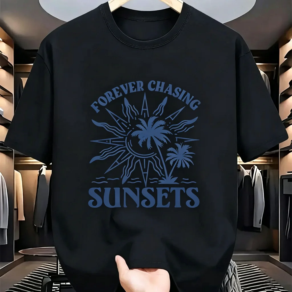 Forever Chasing Sunsets Palm Tree Sun Print - Camiseta de algodón negra para hombre, camiseta de verano
