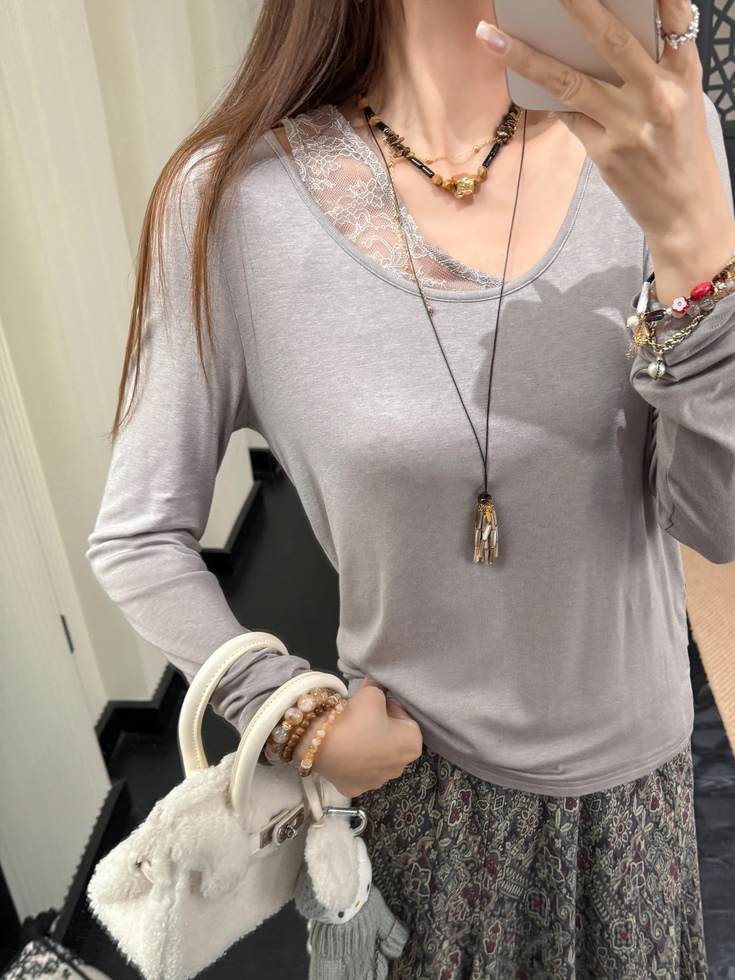 

Комплект из двух предметов: фиолетовая вязаная базовая блузка с рюшами и длинными рукавами из смесовой шерсти и лиоцелла в корейском стиле для повседневной носки