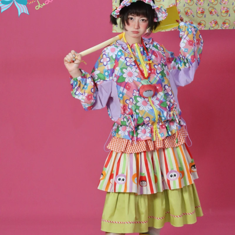 تنورة كعكة نسائية صيفية جديدة مطبوعة على شكل حيوانات لعام 2025 تصميم أصلي ملون ربط حلو لطيف لوليتا تنانير متوسطة الطول للسيدات