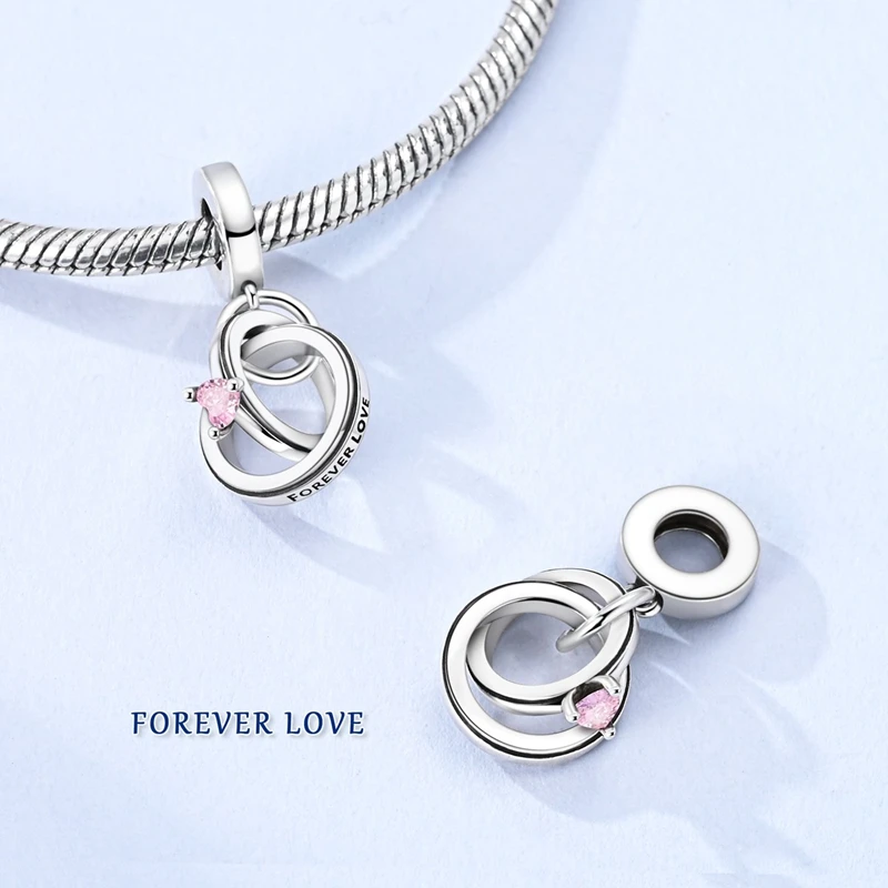 

Подвеска из стерлингового серебра 925 пробы с двойным переплетающимся кольцом и розовым сердцем из кубического циркония, подходит для браслетов, подарок на День святого Валентина для женщин