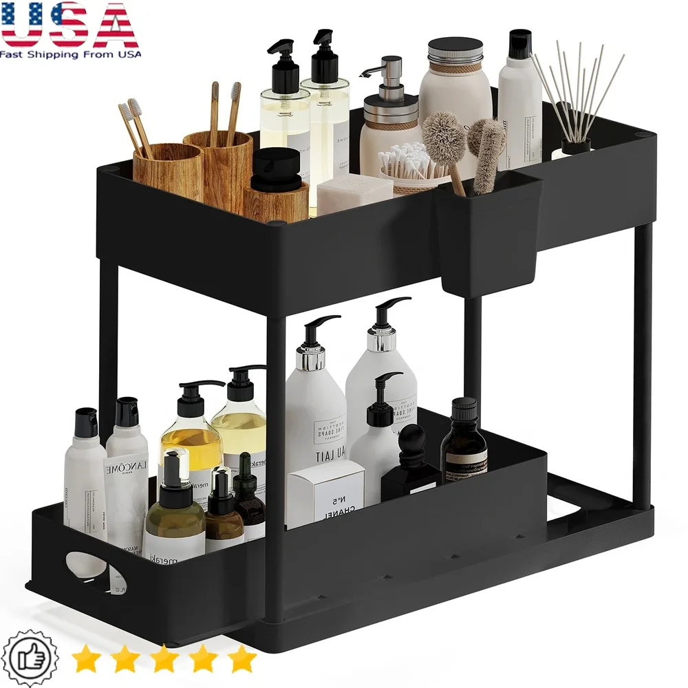 

Under Sink Organizer Pull Out Sliding Drawer Kitchen Bathroom Cabinet Storage Space Saving Rack with Hooks Non Slip Grip