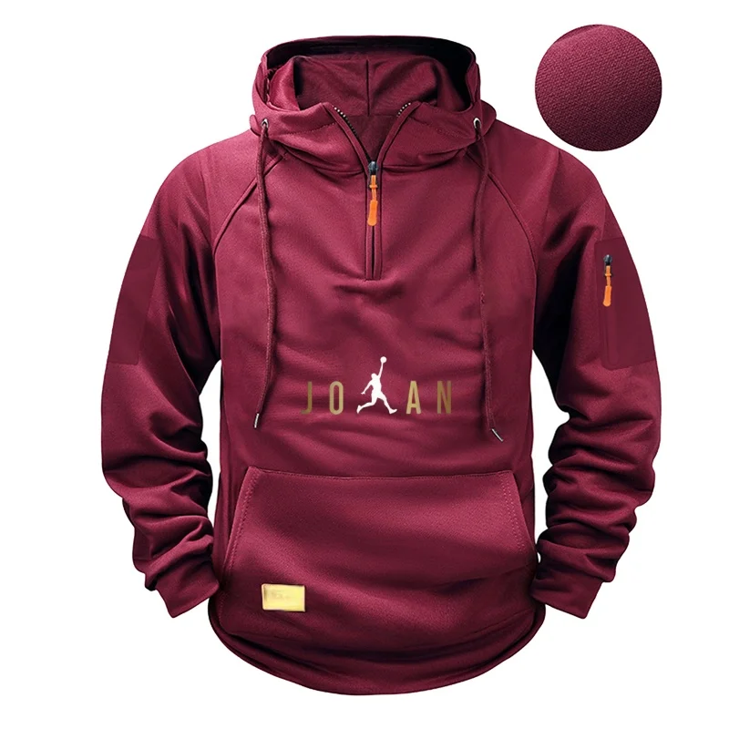 

New men's hooded casual sporty pullover, retro Harajuku long-sleeved zipper multi-pocket casual loose hoodie for street wear