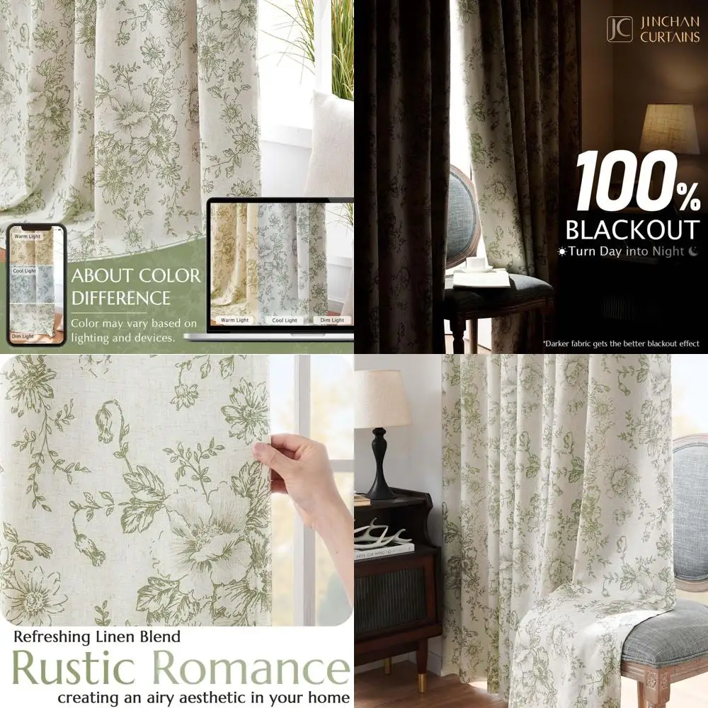 

Sage Green Floral Linen Blend Blackout Curtains, 84 for Living Room & Bedroom, Set of 2 Panels