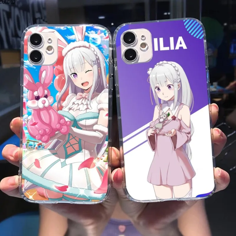 Anime Waifu Emilia Phone Case for iPhone 14 13 12 11 XS X 8 7 6 Plus Mini Pro Max SE 2022 Clear Phone Cover Funda