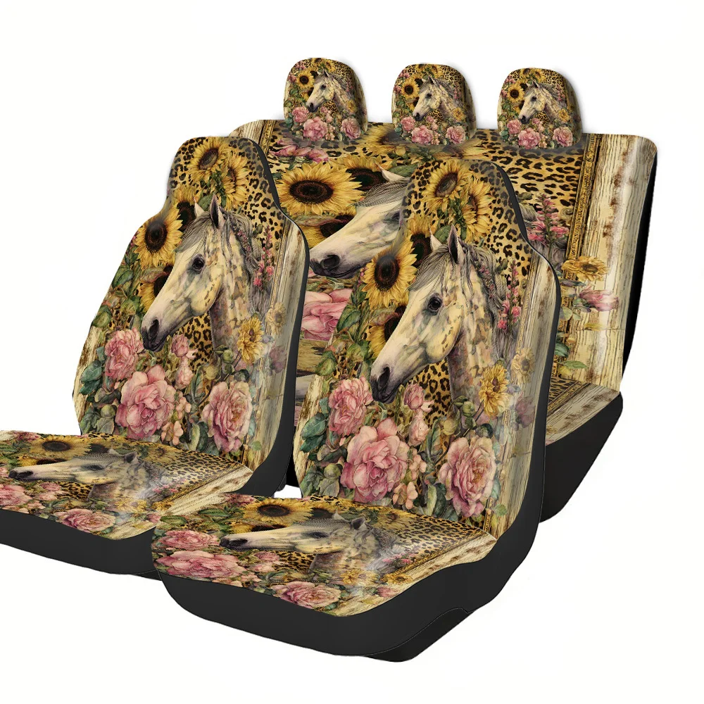 2-5 Seat Set Car Seat Covers Premium Polyester Horse Sunflower Rose Leopard Print Universal Fit Truck SUV Off-Road Car Festive H