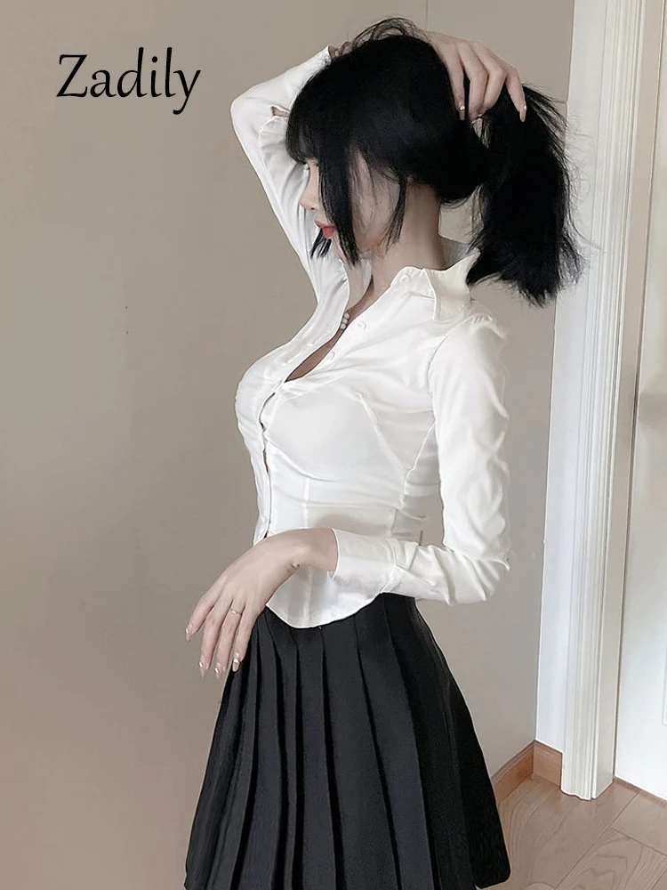 Zadily 2024 Spring Office Lady Long Sleeve Women Slim White Shirt Korea Style Button Up Ladies Blouse Solid Female Clothing