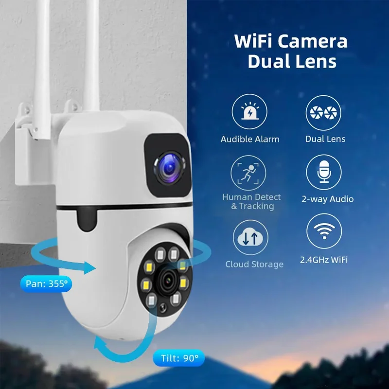 Dual Lens 6MP Home Security Camera SQCOM App 2.4GHz Wifi Camera Color Night Vision Two Way Audio PTZ CCTV Cameras