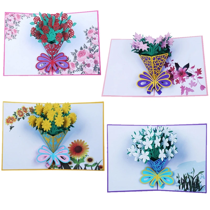 Biglietto d'auguri 3D con fiori di rose pop-up, invito a Natale, compleanno, Capodanno