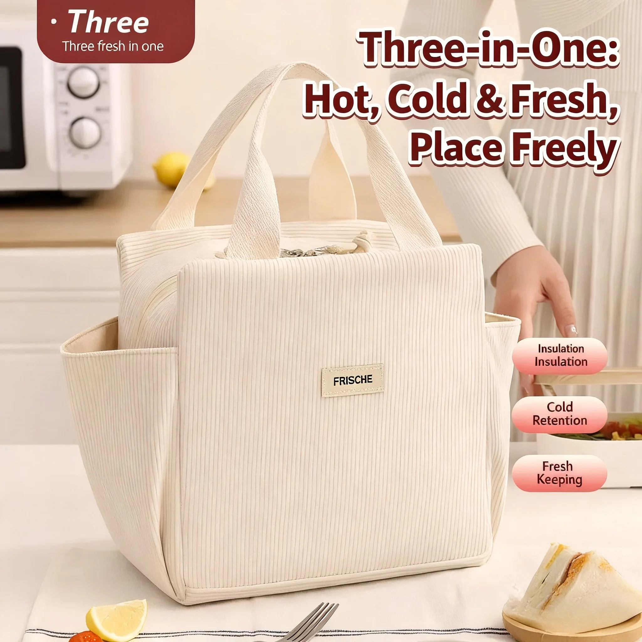 Corduroy Lunch Bag Thermal Insulation Lunch Box Storage Handbag Multifunctional Kid School Cooler Bag Picnic FoodPouch