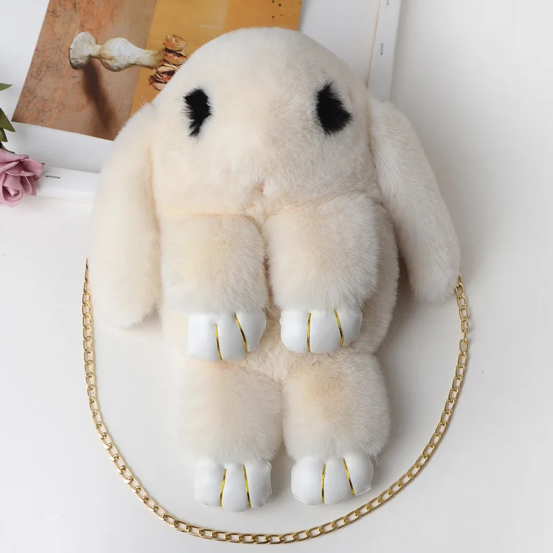 Lovely Fluffy Rabbit Fur Pom Poms Chain Bag Women Cartoon Rabbit Sling Bag Fluffy Bunny Shoulder Plush Backpack Girl Gifts