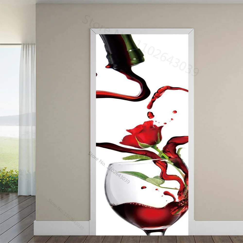 3D Red Wine Cup Door Sticker Room Home Decoration Red Rose Poster Wall Sticker Tear and Stick PVC Waterproof Wall Mural Vinyl