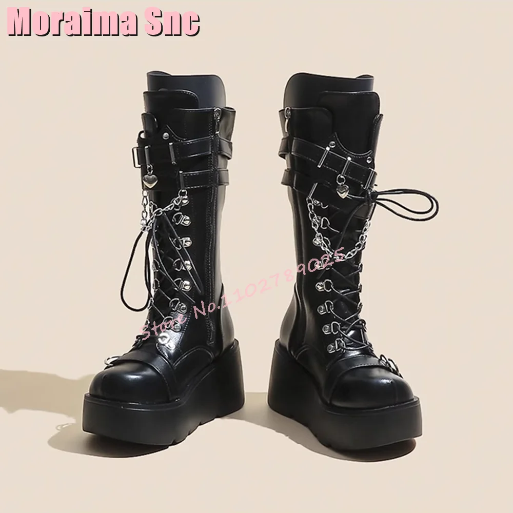 

Platform Round Toe Lace-up Mid-calf Boots Belt Buckle Metal Decor Side Zipper Fashion Women's Long Boots Black Solid Autumn 2024